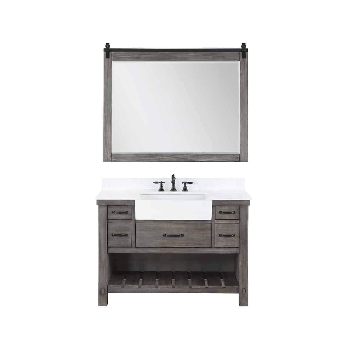 Vinnova Villareal 48 Inch Freestanding Single Bath Vanity in Classical Grey with Composite Stone Top in White with White Farmhouse Basin With Mirror 701648-CR-GW