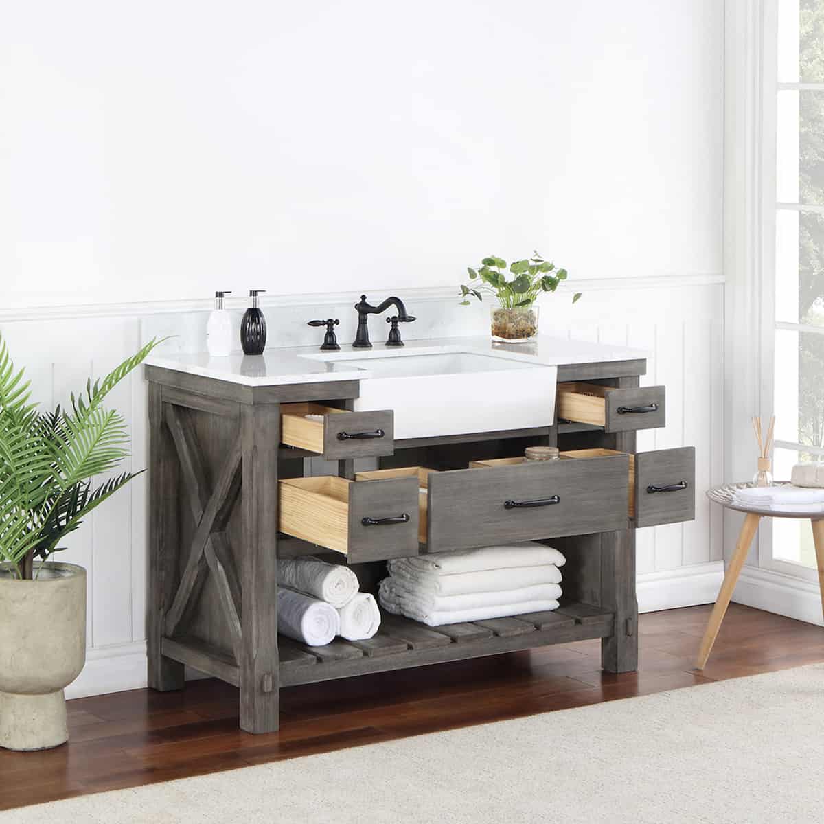 Vinnova Villareal 48 Inch Freestanding Single Bath Vanity in Classical Grey with Composite Stone Top in White with White Farmhouse Basin Without Mirror Drawers 701648-CR-GW-NM