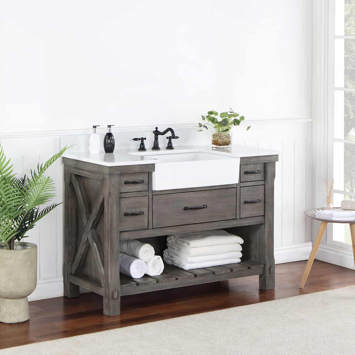 Vinnova Villareal 48 Inch Freestanding Single Bath Vanity in Classical Grey with Composite Stone Top in White with White Farmhouse Basin Without Mirror Side 701648-CR-GW-NM