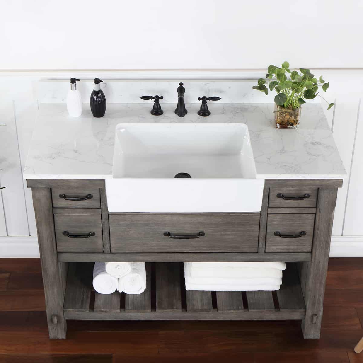 Vinnova Villareal 48 Inch Freestanding Single Bath Vanity in Classical Grey with Composite Stone Top in White with White Farmhouse Basin Without Mirror Sink 701648-CR-GW-NM