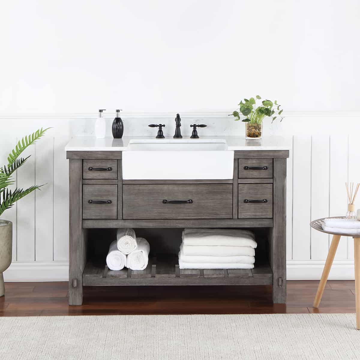 Vinnova Villareal 48 Inch Freestanding Single Bath Vanity in Classical Grey with Composite Stone Top in White with White Farmhouse Basin Without Mirror in Bathroom 701648-CR-GW-NM
