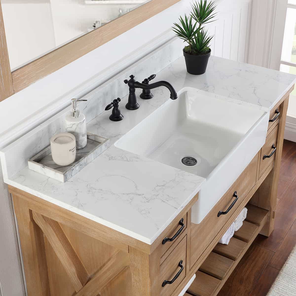 Vinnova Villareal 48 Inch Freestanding Single Bath Vanity in Weathered Pine with Composite Stone Top in White with White Farmhouse Basin With Mirror Counter 701648-WP-GW