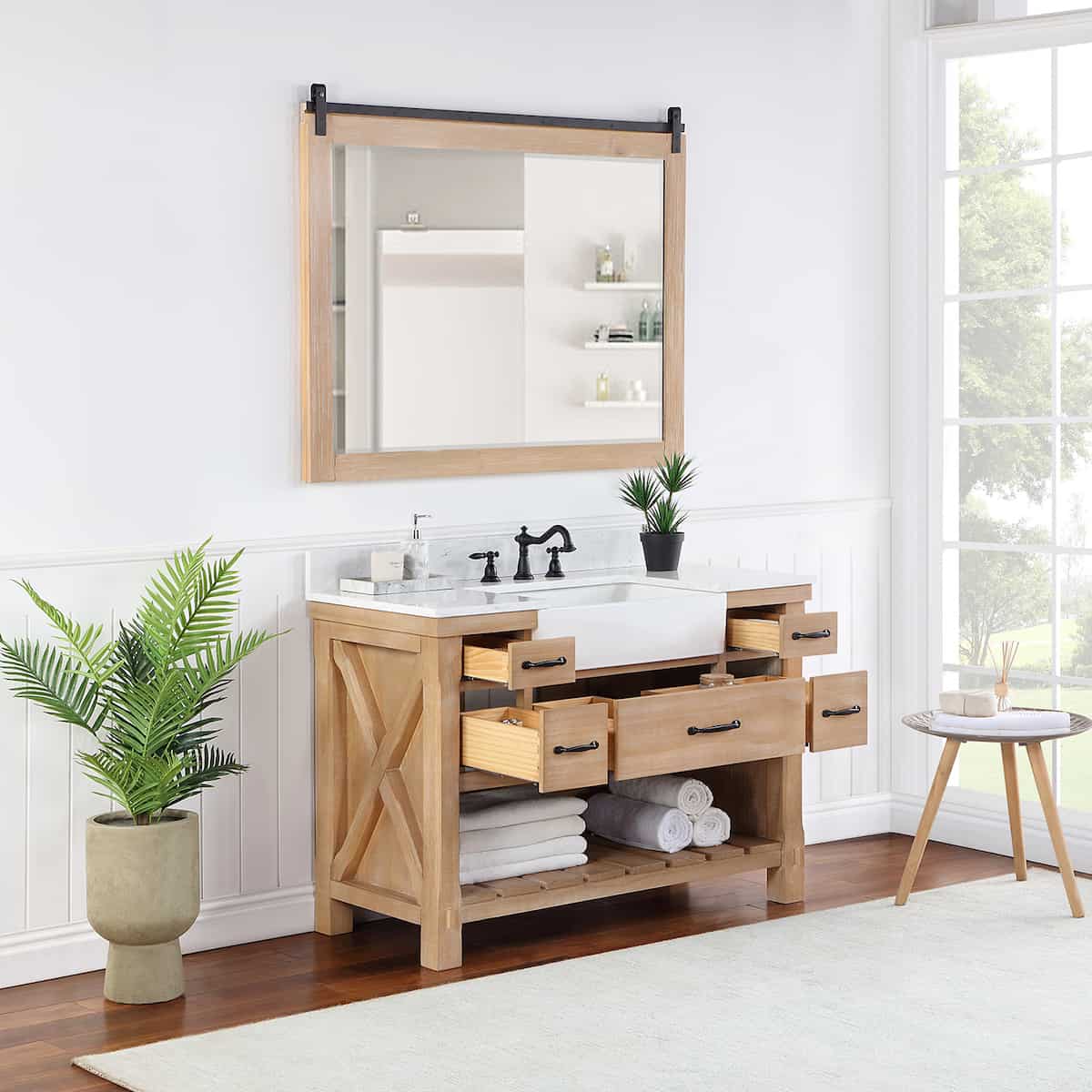 Vinnova Villareal 48 Inch Freestanding Single Bath Vanity in Weathered Pine with Composite Stone Top in White with White Farmhouse Basin With Mirror Inside 701648-WP-GW