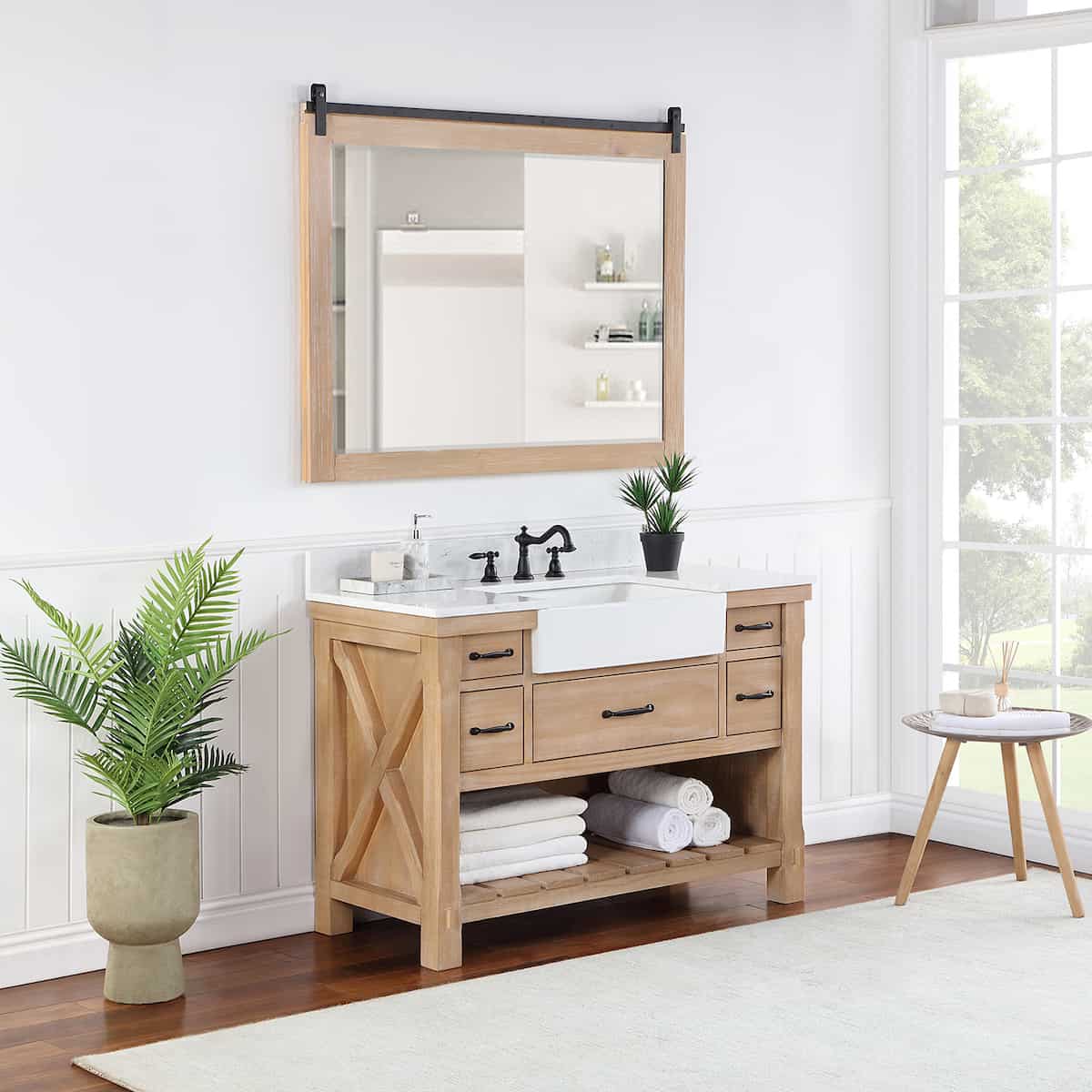 Vinnova Villareal 48 Inch Freestanding Single Bath Vanity in Weathered Pine with Composite Stone Top in White with White Farmhouse Basin With Mirror Side 701648-WP-GW
