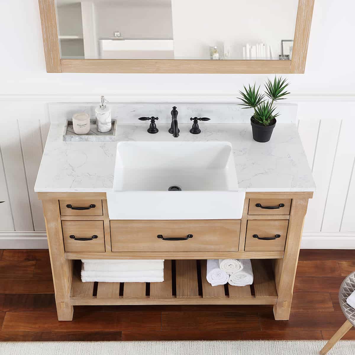 Vinnova Villareal 48 Inch Freestanding Single Bath Vanity in Weathered Pine with Composite Stone Top in White with White Farmhouse Basin With Mirror SInk 701648-WP-GW