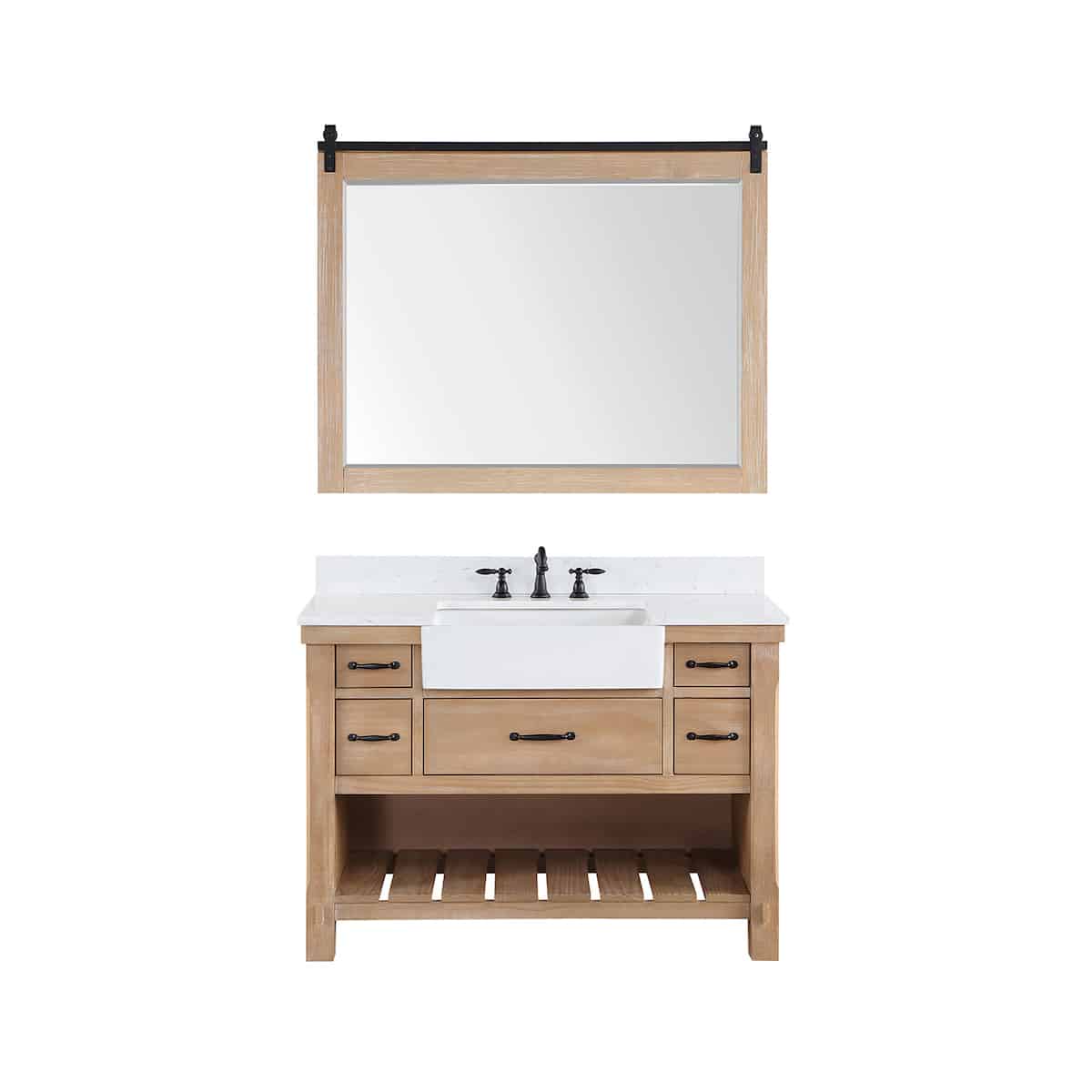 Vinnova Villareal 48 Inch Freestanding Single Bath Vanity in Weathered Pine with Composite Stone Top in White with White Farmhouse Basin With Mirror 701648-WP-GW