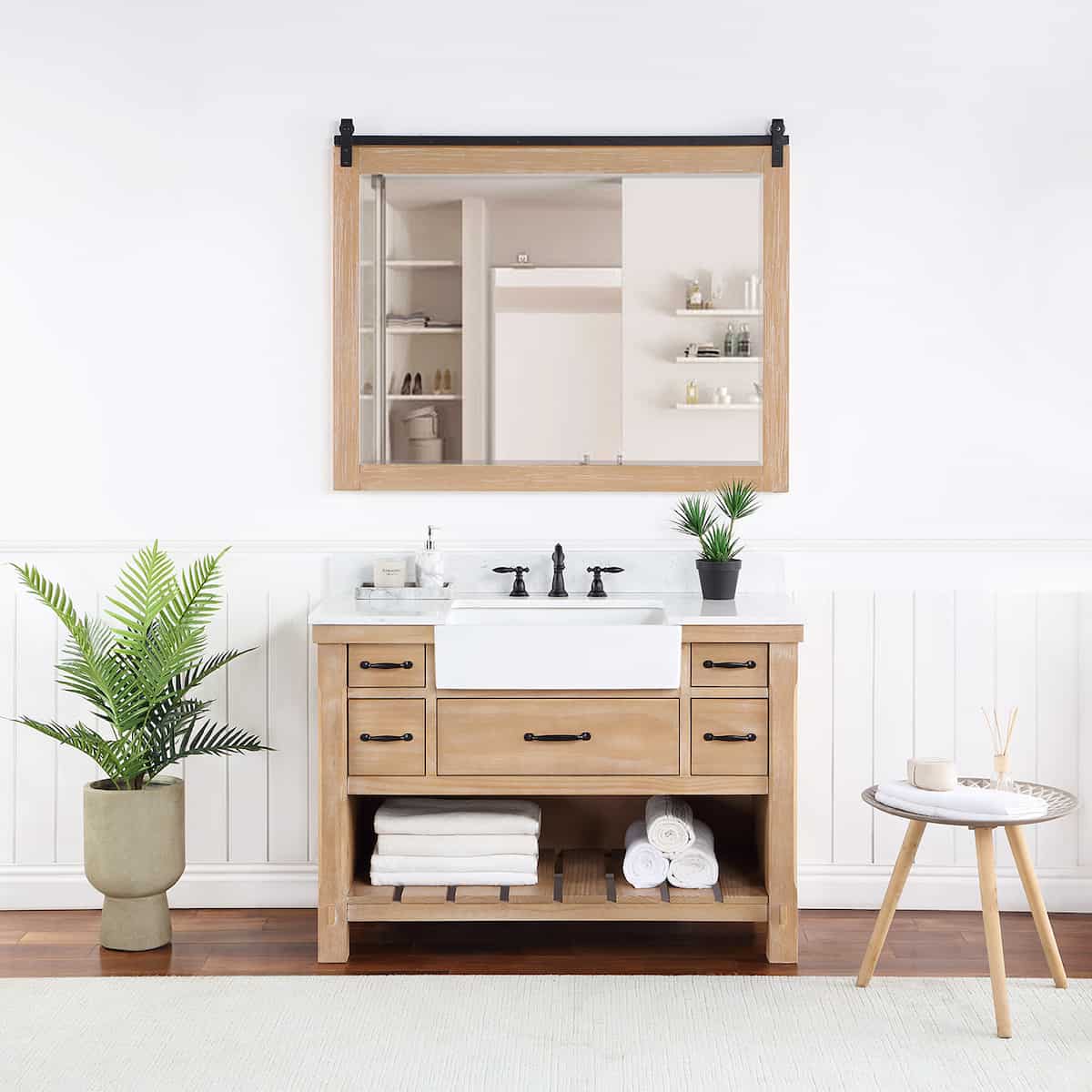 Vinnova Villareal 48 Inch Freestanding Single Bath Vanity in Weathered Pine with Composite Stone Top in White with White Farmhouse Basin With Mirror in Bathroom 701648-WP-GW