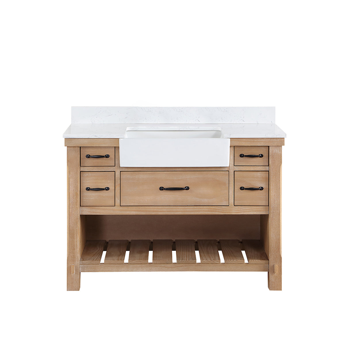 Vinnova Villareal 48 Inch Freestanding Single Bath Vanity in Weathered Pine with Composite Stone Top in White with White Farmhouse Basin Without Mirror 701648-WP-GW-NM