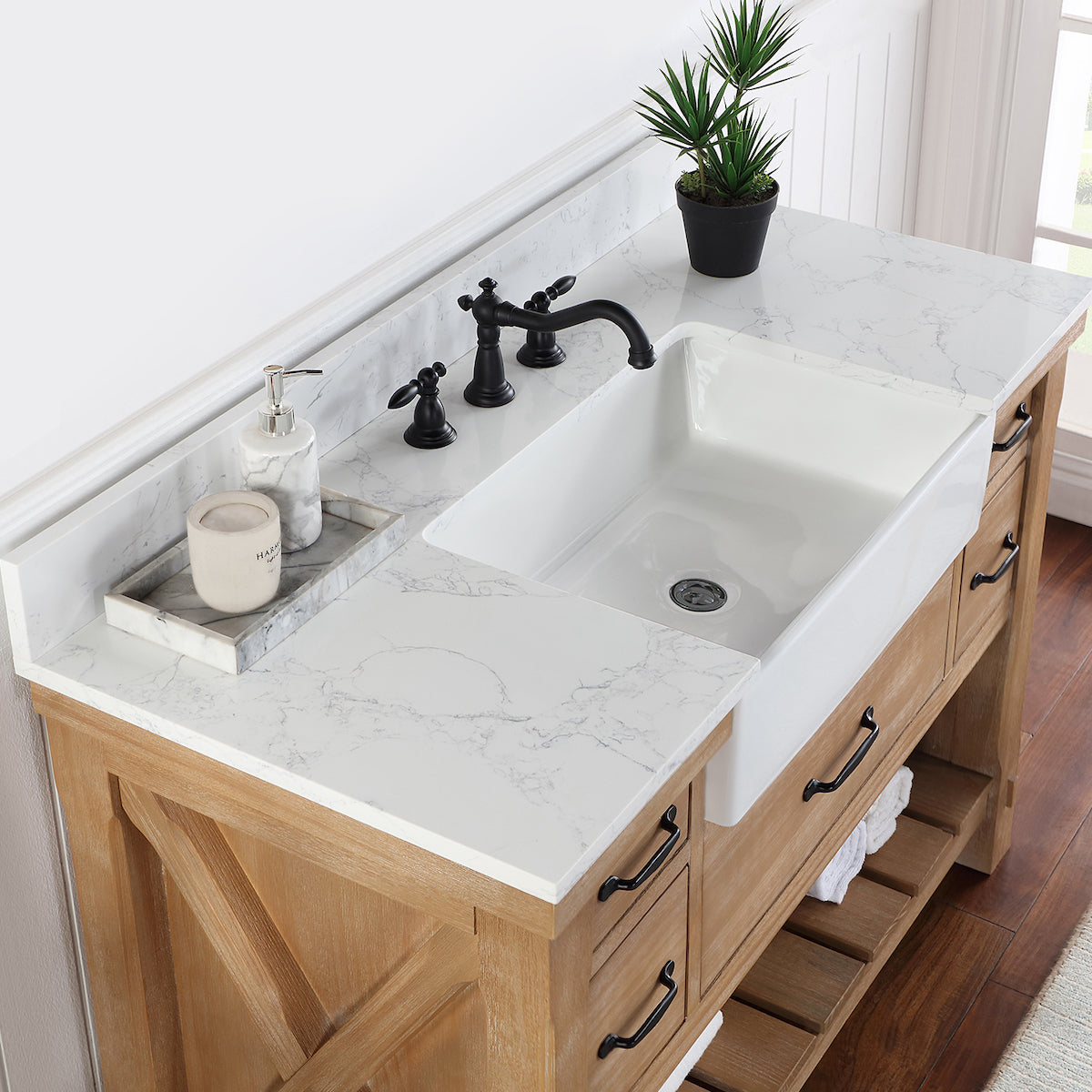 Vinnova Villareal 48 Inch Freestanding Single Bath Vanity in Weathered Pine with Composite Stone Top in White with White Farmhouse Basin Without Mirror Counter 701648-WP-GW-NM