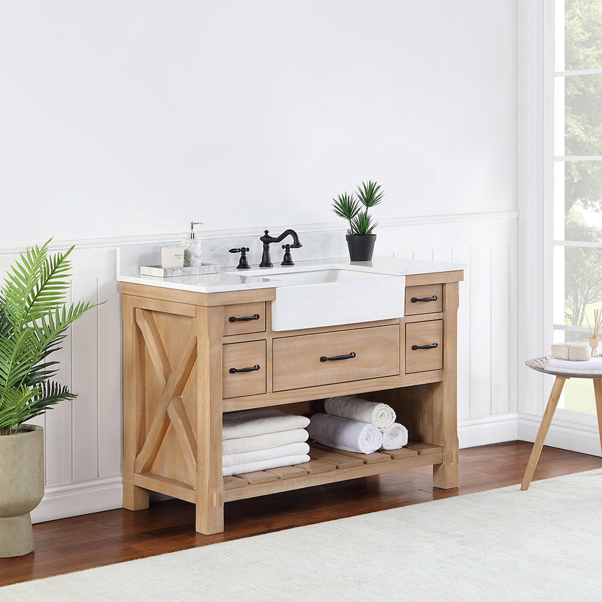 Vinnova Villareal 48 Inch Freestanding Single Bath Vanity in Weathered Pine with Composite Stone Top in White with White Farmhouse Basin Without Mirror Side 701648-WP-GW-NM