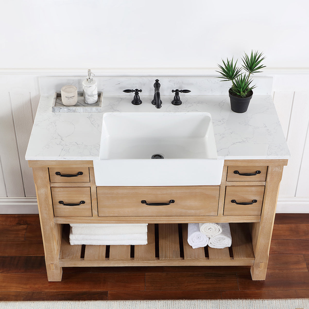 Vinnova Villareal 48 Inch Freestanding Single Bath Vanity in Weathered Pine with Composite Stone Top in White with White Farmhouse Basin Without Mirror Sink 701648-WP-GW-NM