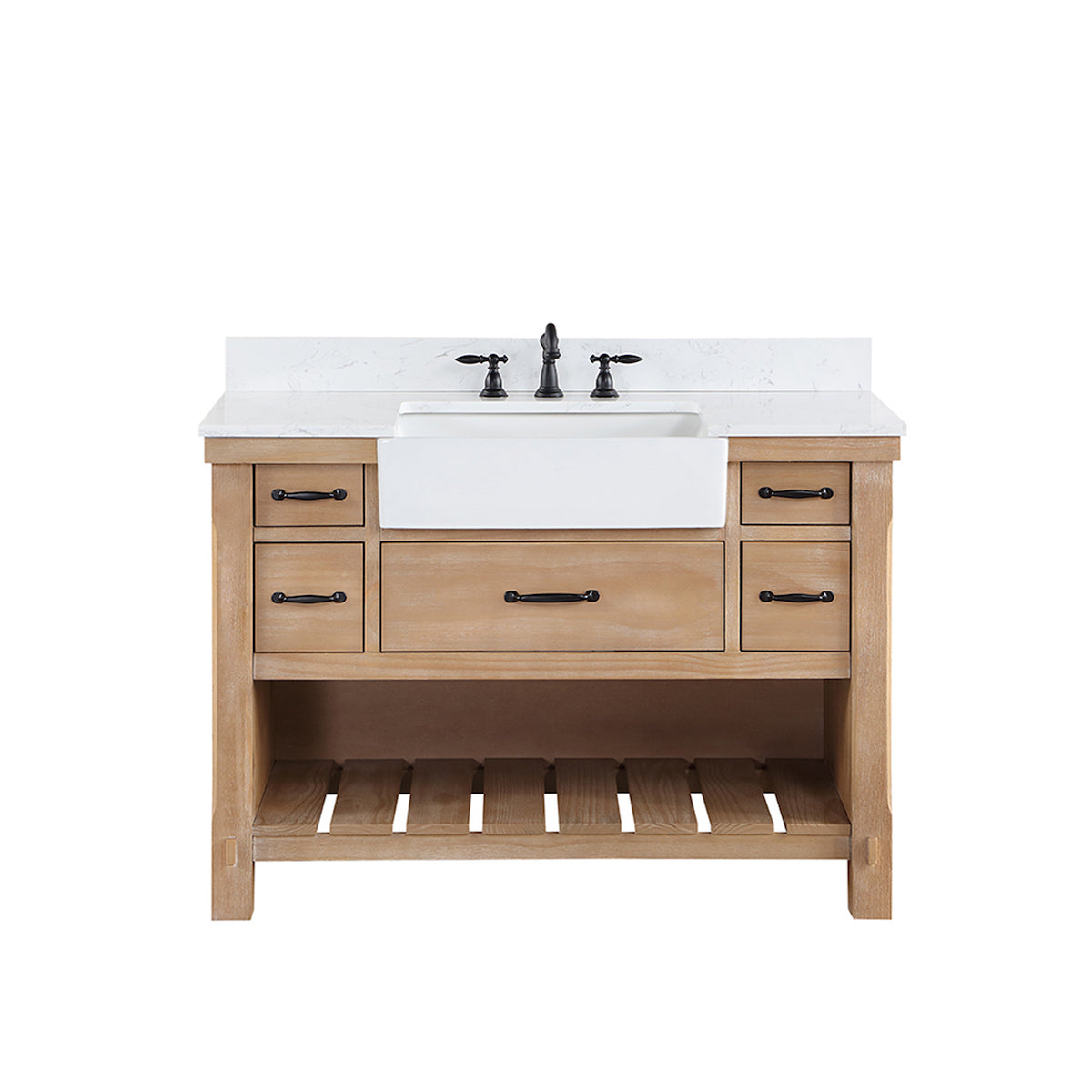 Vinnova Villareal 48 Inch Freestanding Single Bath Vanity in Weathered Pine with Composite Stone Top in White with White Farmhouse Basin Without Mirror 701648-WP-GW-NM