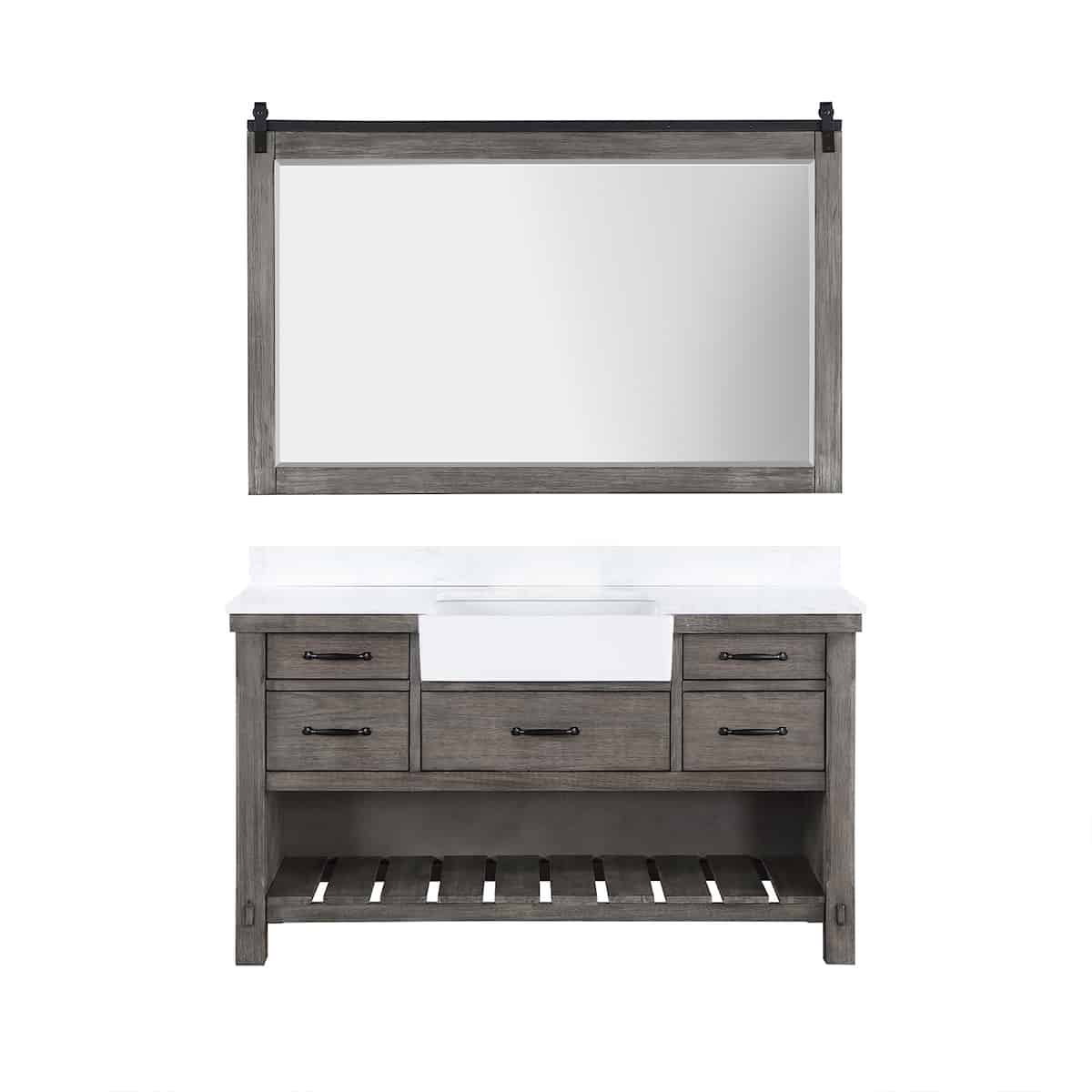 Vinnova Villareal 60 Inch Freestanding Single Bath Vanity in Classical Grey with Composite Stone Top in White with White Farmhouse Basin With Mirror 701660-CR-GW