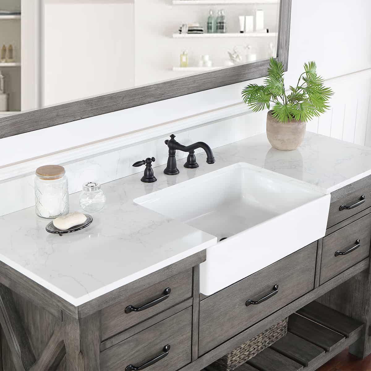 Vinnova Villareal 60 Inch Freestanding Single Bath Vanity in Classical Grey with Composite Stone Top in White with White Farmhouse Basin With Mirror Counter 701660-CR-GW