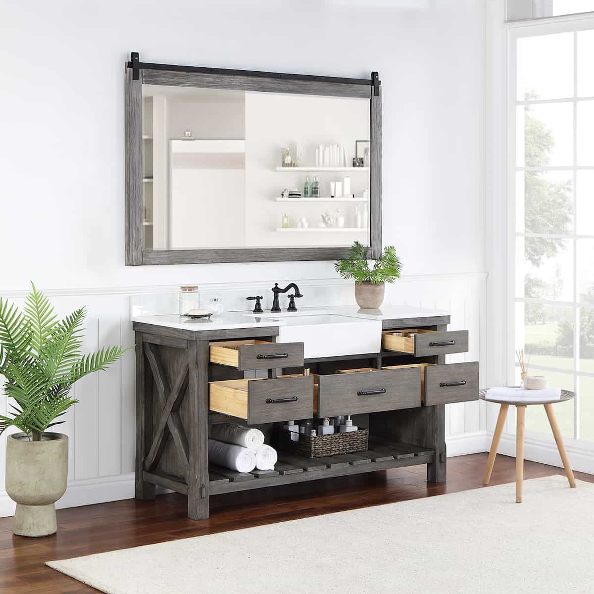 Vinnova Villareal 60 Inch Freestanding Single Bath Vanity in Classical Grey with Composite Stone Top in White with White Farmhouse Basin With Mirror Inside 701660-CR-GW