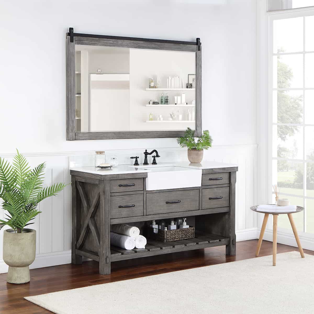 Vinnova Villareal 60 Inch Freestanding Single Bath Vanity in Classical Grey with Composite Stone Top in White with White Farmhouse Basin With Mirror Side 701660-CR-GW