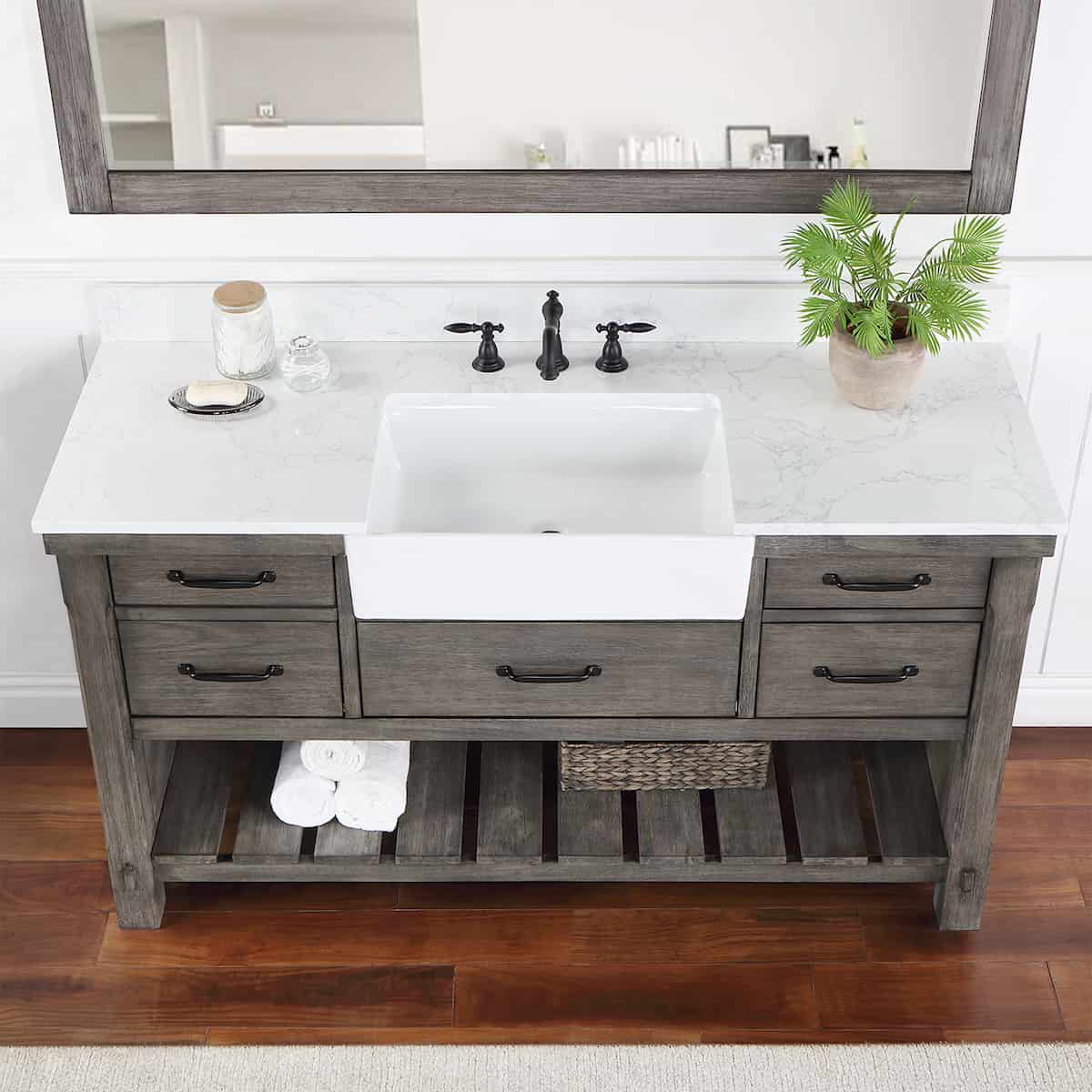 Vinnova Villareal 60 Inch Freestanding Single Bath Vanity in Classical Grey with Composite Stone Top in White with White Farmhouse Basin With Mirror Sink 701660-CR-GW