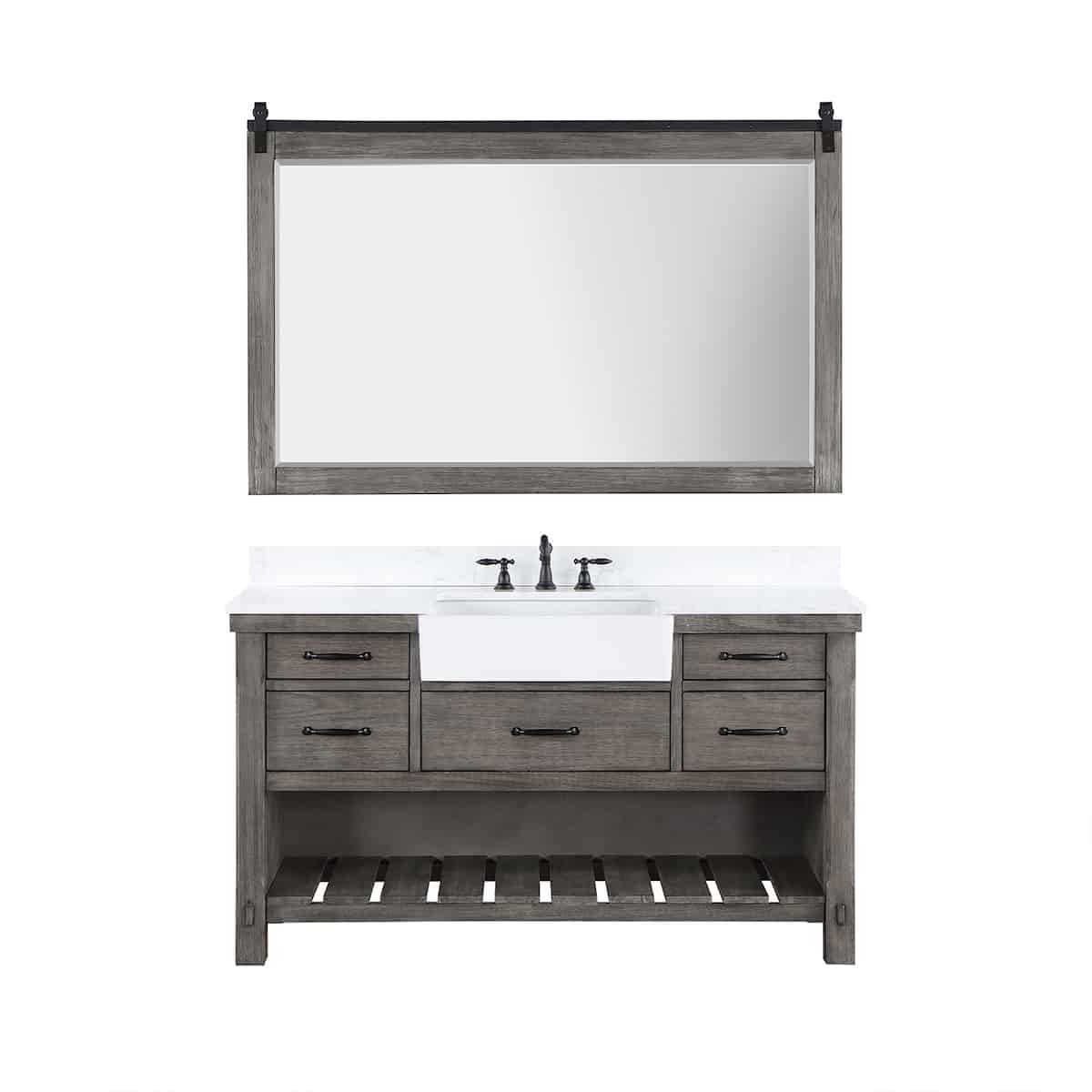 Vinnova Villareal 60 Inch Freestanding Single Bath Vanity in Classical Grey with Composite Stone Top in White with White Farmhouse Basin With Mirror With Faucets 701660-CR-GW