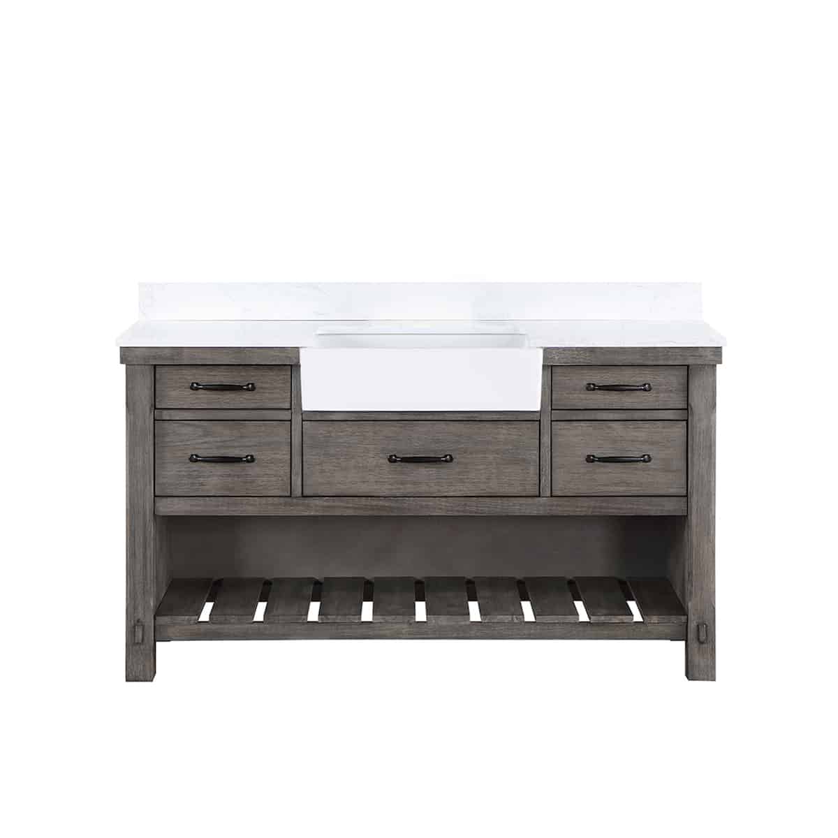 Vinnova Villareal 60 Inch Freestanding Single Bath Vanity in Classical Grey with Composite Stone Top in White with White Farmhouse Basin Without Mirror 701660-CR-GW-NM