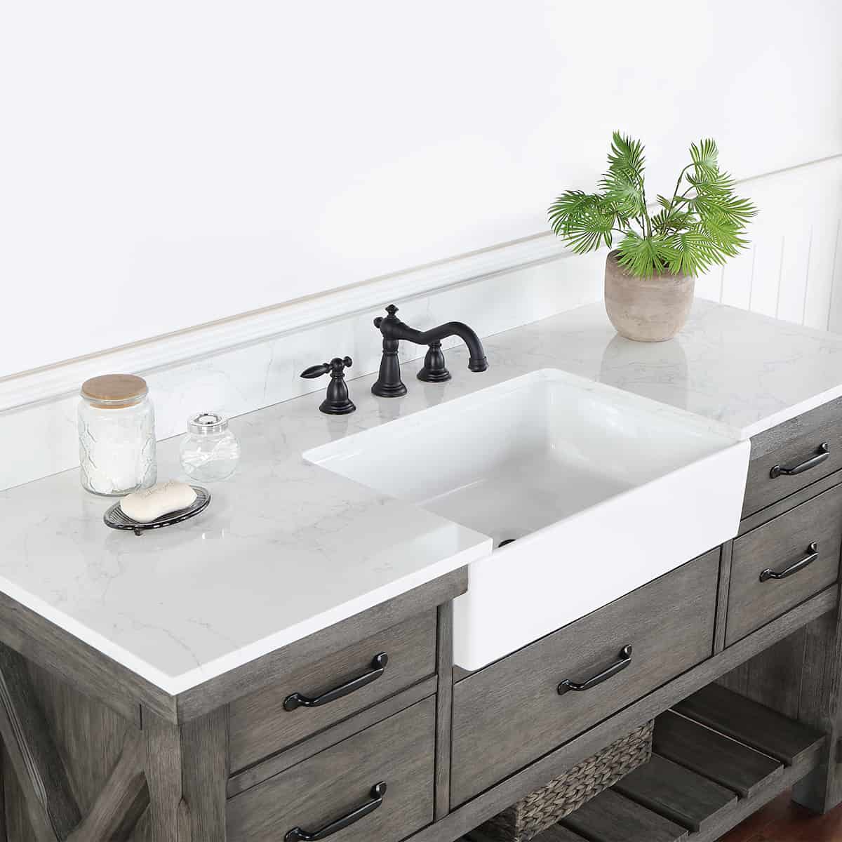 Vinnova Villareal 60 Inch Freestanding Single Bath Vanity in Classical Grey with Composite Stone Top in White with White Farmhouse Basin Without Mirror Counter 701660-CR-GW-NM