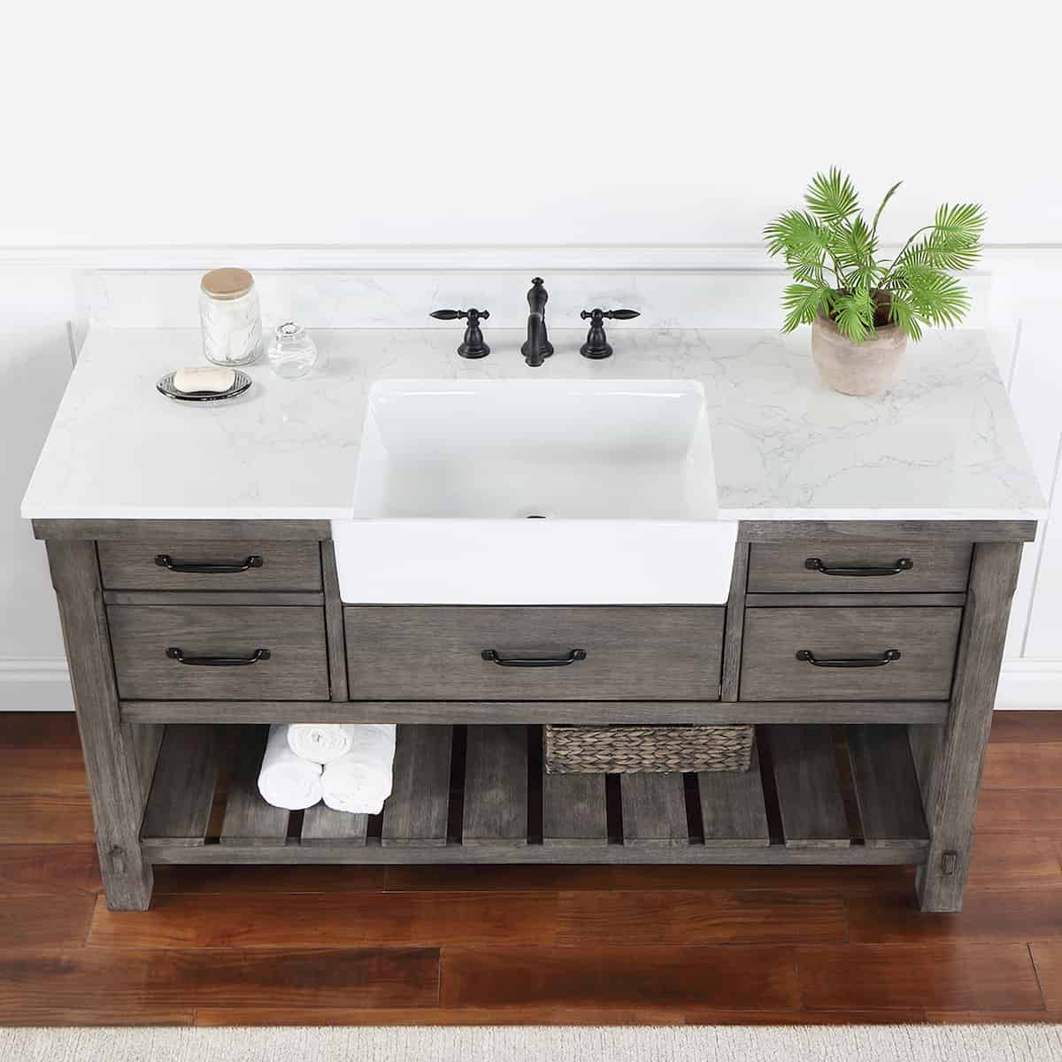 Vinnova Villareal 60 Inch Freestanding Single Bath Vanity in Classical Grey with Composite Stone Top in White with White Farmhouse Basin Without Mirror Sink 701660-CR-GW-NM