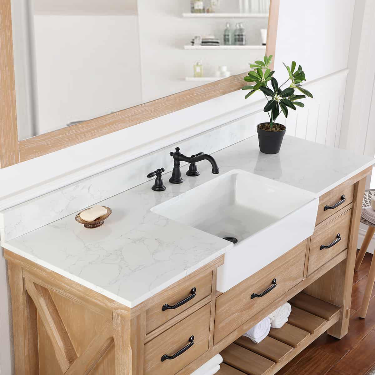 Vinnova Villareal 60 Inch Freestanding Single Bath Vanity in Weathered Pine with Composite Stone Top in White with White Farmhouse Basin With Mirror Counter 701660-WP-GW