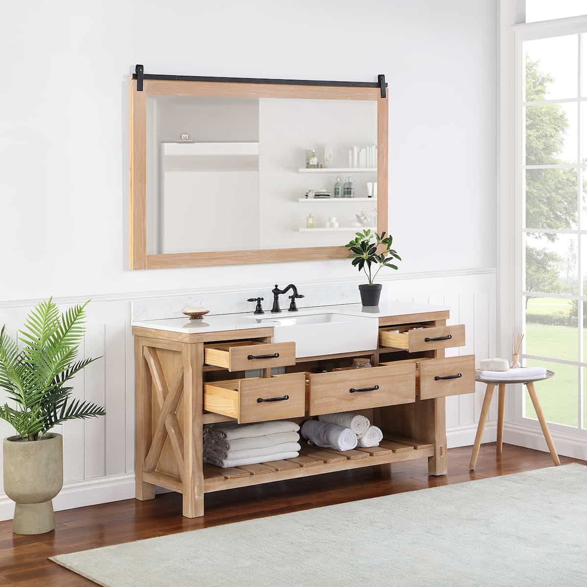 Vinnova Villareal 60 Inch Freestanding Single Bath Vanity in Weathered Pine with Composite Stone Top in White with White Farmhouse Basin With Mirror Inside 701660-WP-GW