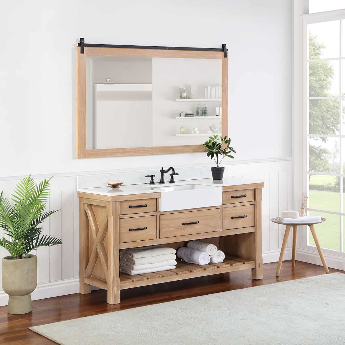 Vinnova Villareal 60 Inch Freestanding Single Bath Vanity in Weathered Pine with Composite Stone Top in White with White Farmhouse Basin With Mirror Side 701660-WP-GW