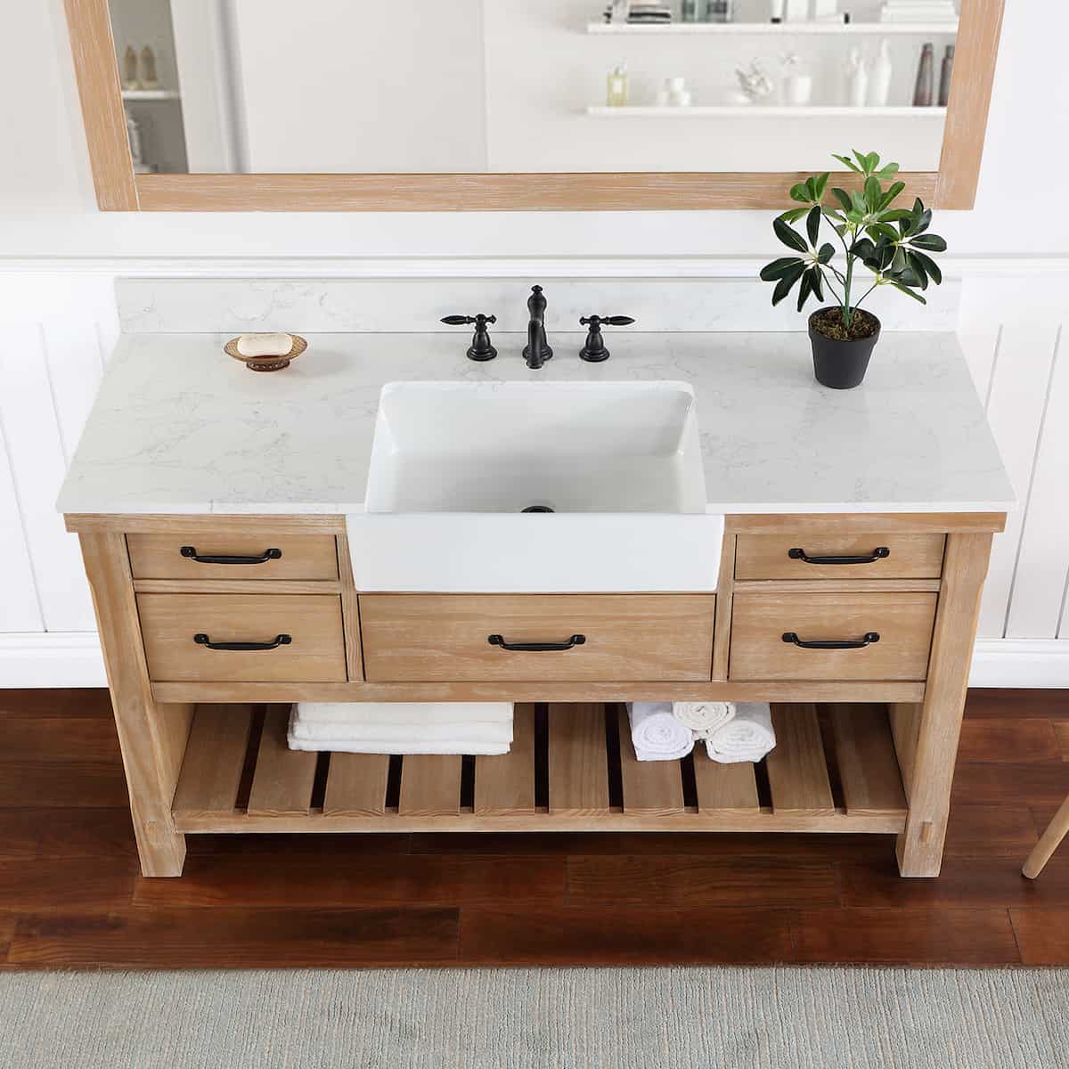 Vinnova Villareal 60 Inch Freestanding Single Bath Vanity in Weathered Pine with Composite Stone Top in White with White Farmhouse Basin With Mirror Sink 701660-WP-GW