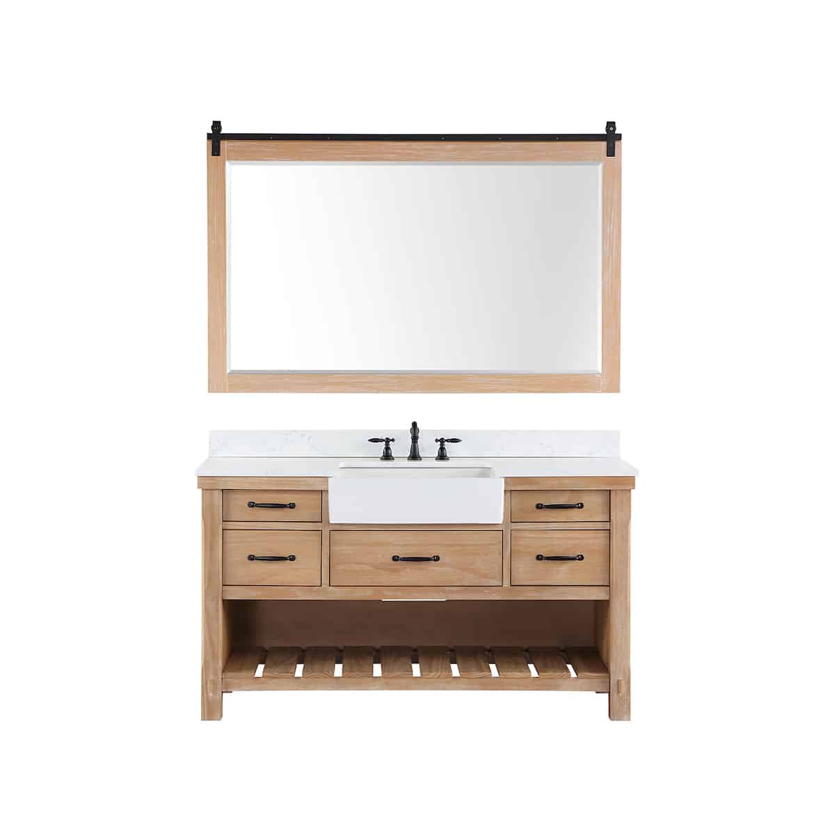 Vinnova Villareal 60 Inch Freestanding Single Bath Vanity in Weathered Pine with Composite Stone Top in White with White Farmhouse Basin With Mirror 701660-WP-GW