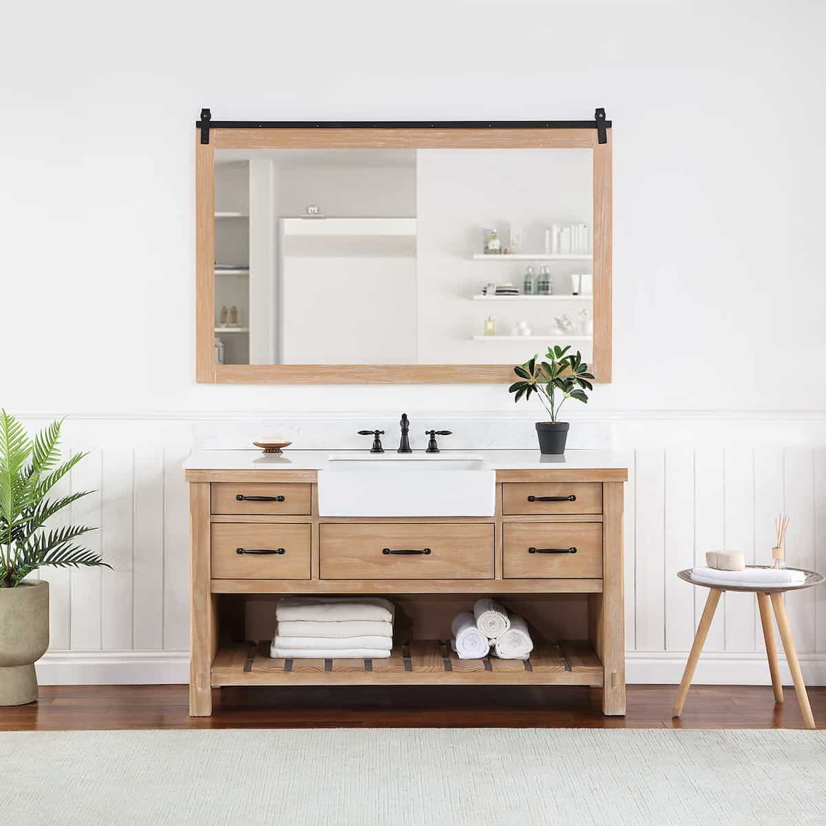 Vinnova Villareal 60 Inch Freestanding Single Bath Vanity in Weathered Pine with Composite Stone Top in White with White Farmhouse Basin With Mirror in Bathroom 701660-WP-GW