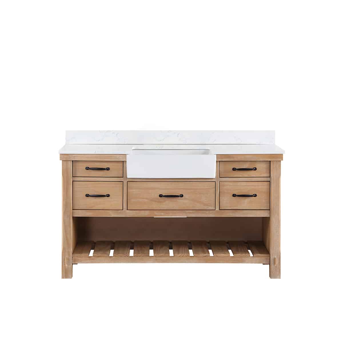 Vinnova Villareal 60 Inch Freestanding Single Bath Vanity in Weathered Pine with Composite Stone Top in White with White Farmhouse Basin Without Mirror 701660-WP-GW-NM