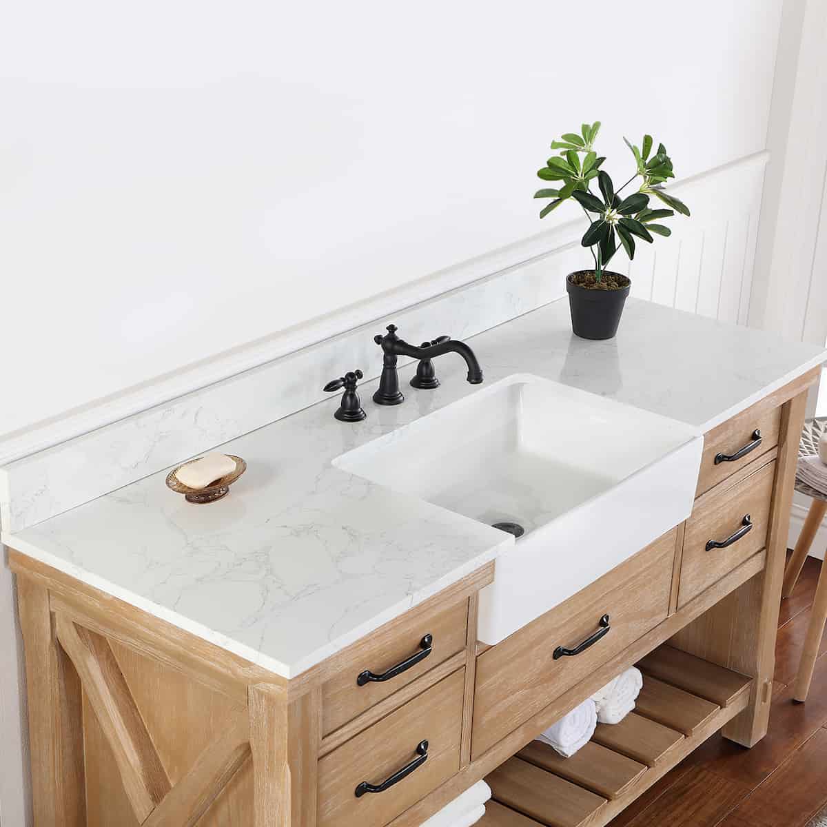 Vinnova Villareal 60 Inch Freestanding Single Bath Vanity in Weathered Pine with Composite Stone Top in White with White Farmhouse Basin Without Mirror Counter 701660-WP-GW-NM