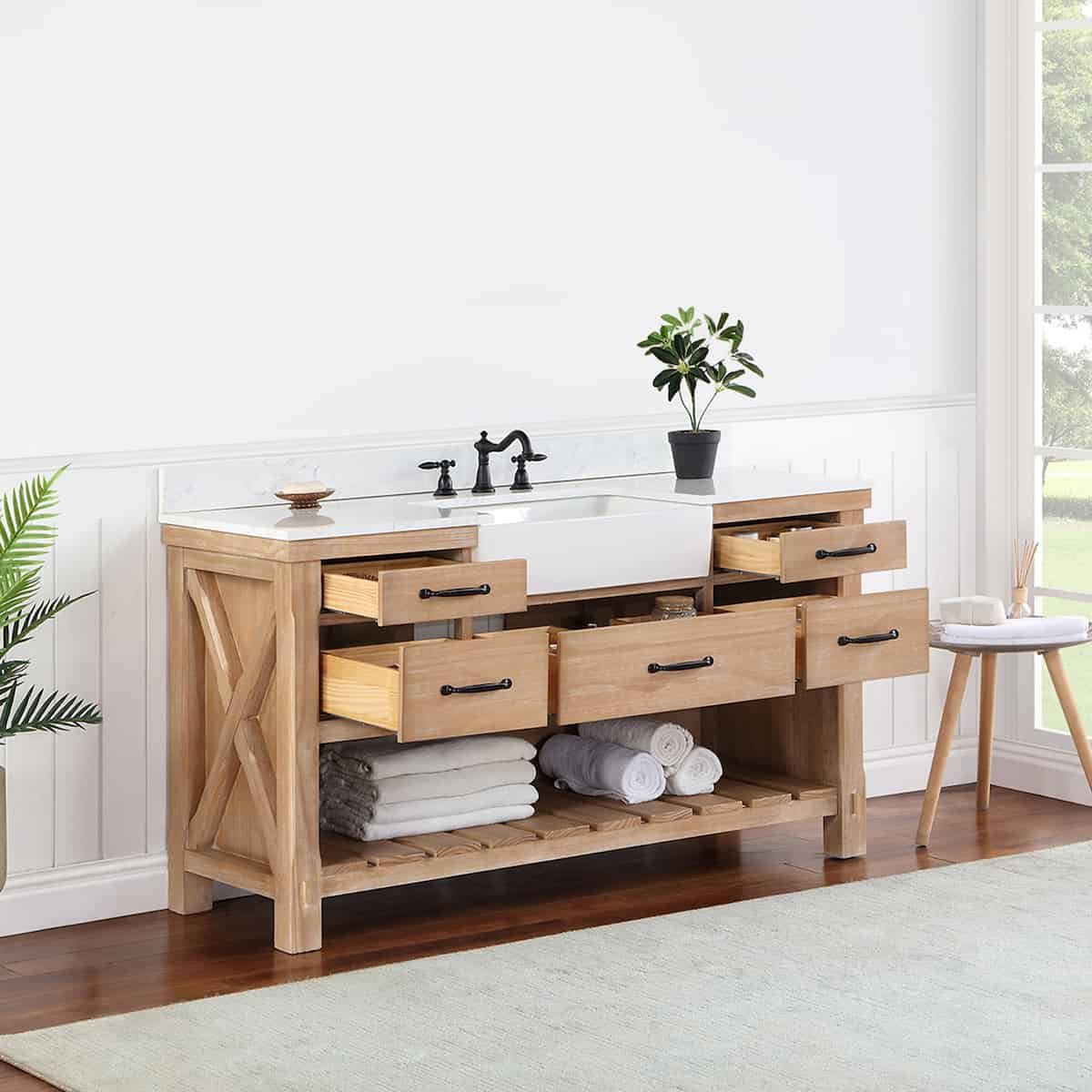 Vinnova Villareal 60 Inch Freestanding Single Bath Vanity in Weathered Pine with Composite Stone Top in White with White Farmhouse Basin Without Mirror Inside 701660-WP-GW-NM