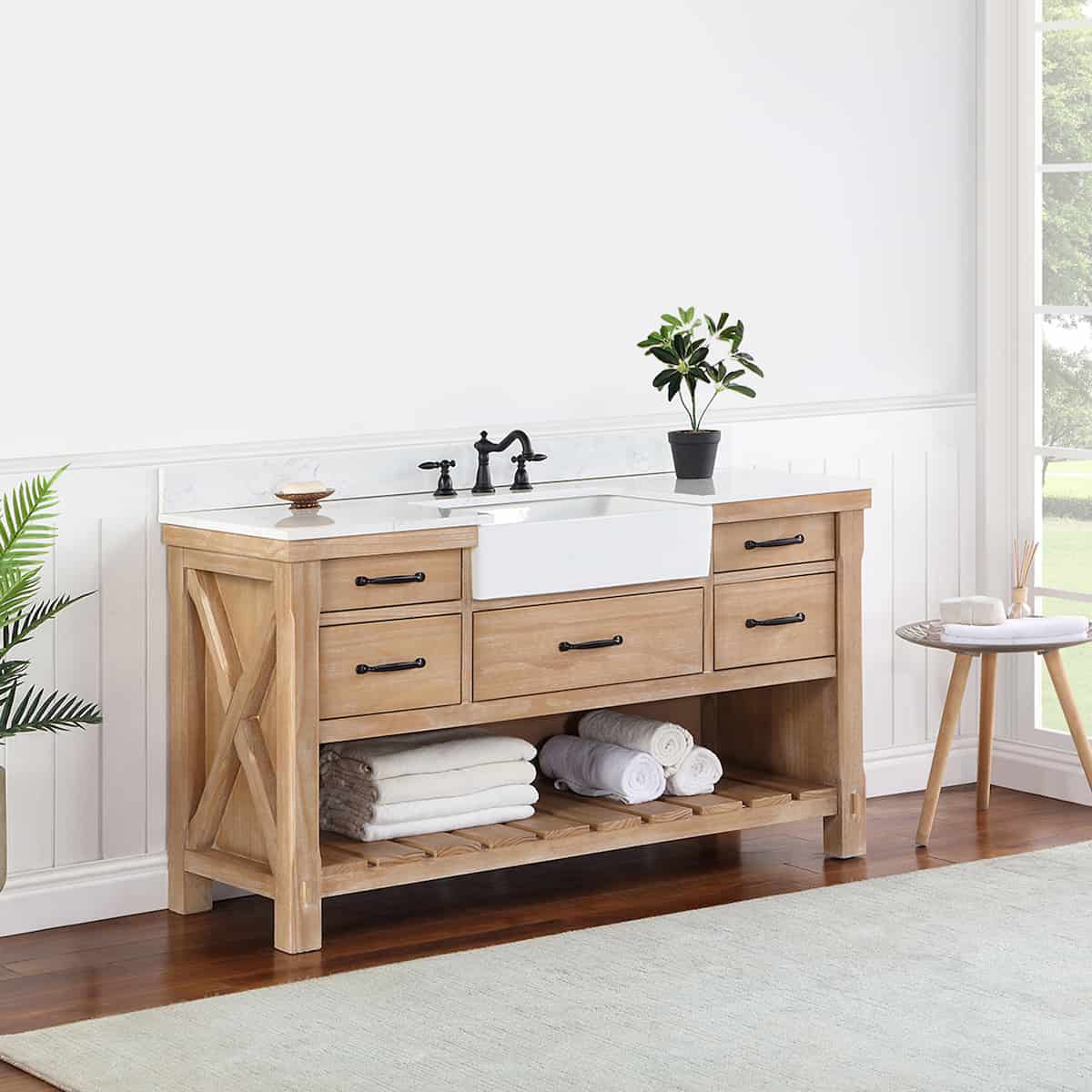Vinnova Villareal 60 Inch Freestanding Single Bath Vanity in Weathered Pine with Composite Stone Top in White with White Farmhouse Basin Without Mirror Side 701660-WP-GW-NM