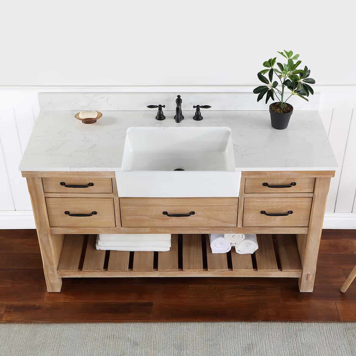 Vinnova Villareal 60 Inch Freestanding Single Bath Vanity in Weathered Pine with Composite Stone Top in White with White Farmhouse Basin Without Mirror Sink 701660-WP-GW-NM