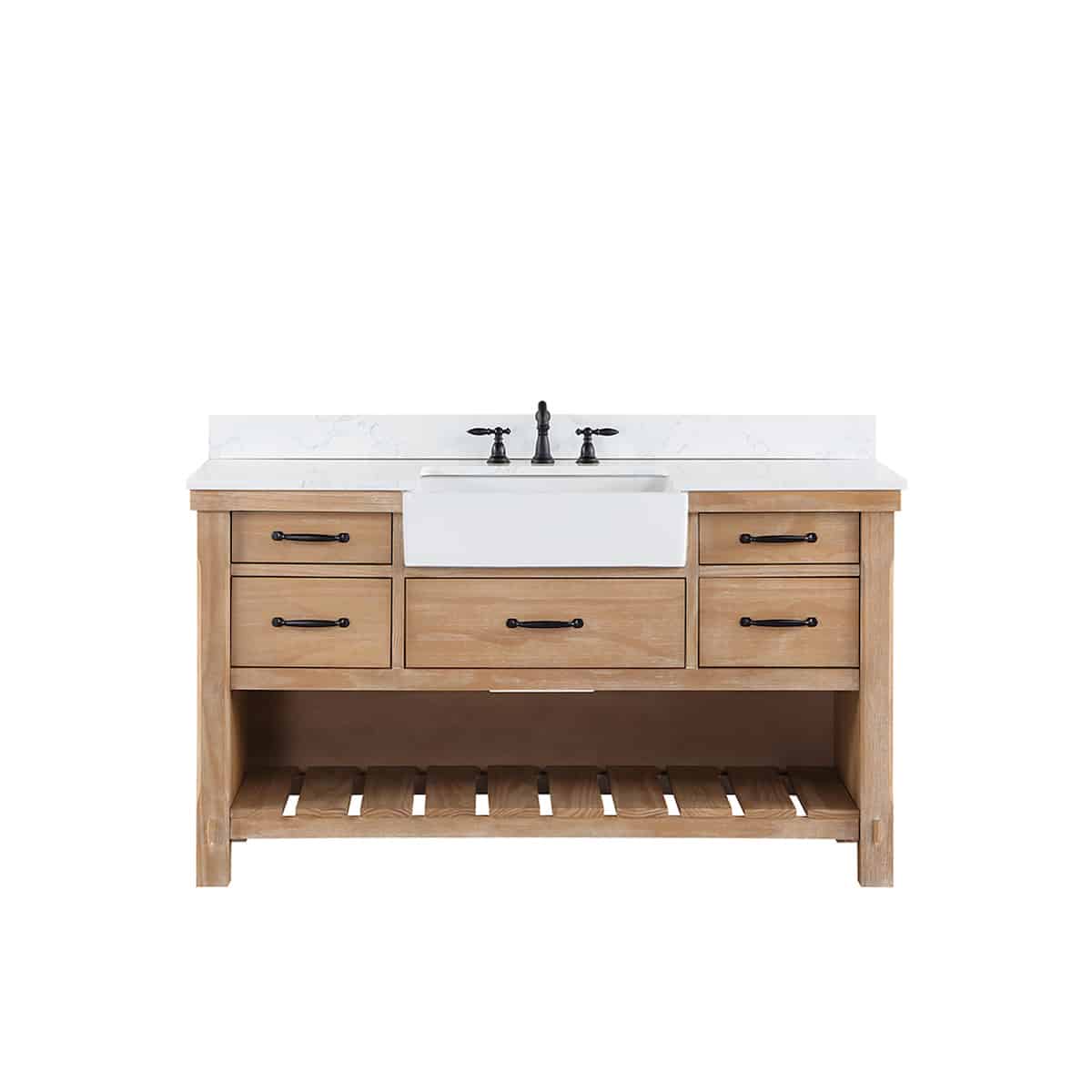 Vinnova Villareal 60 Inch Freestanding Single Bath Vanity in Weathered Pine with Composite Stone Top in White with White Farmhouse Basin Without Mirror 701660-WP-GW-NM