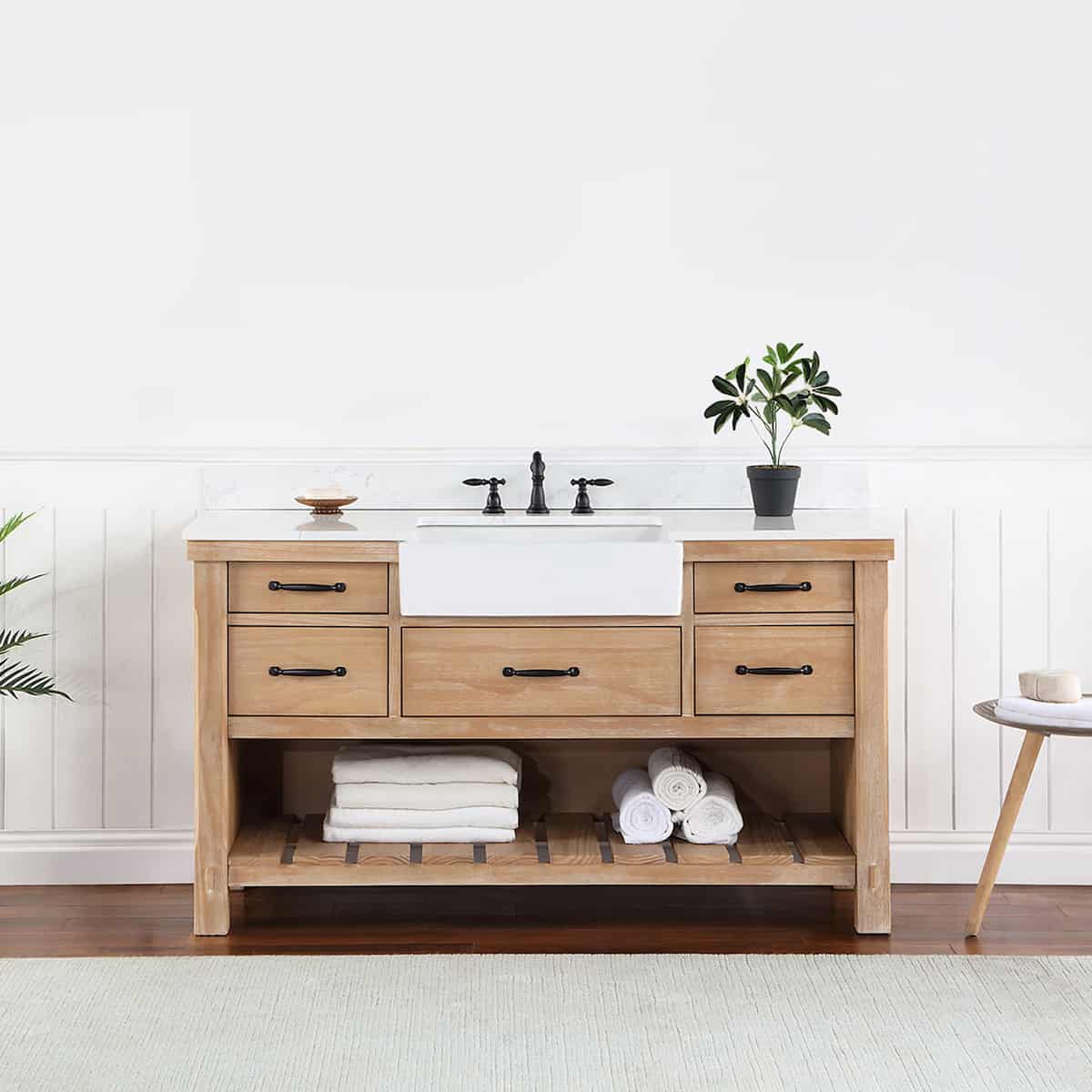 Vinnova Villareal 60 Inch Freestanding Single Bath Vanity in Weathered Pine with Composite Stone Top in White with White Farmhouse Basin Without Mirror in Bathroom 701660-WP-GW-NM