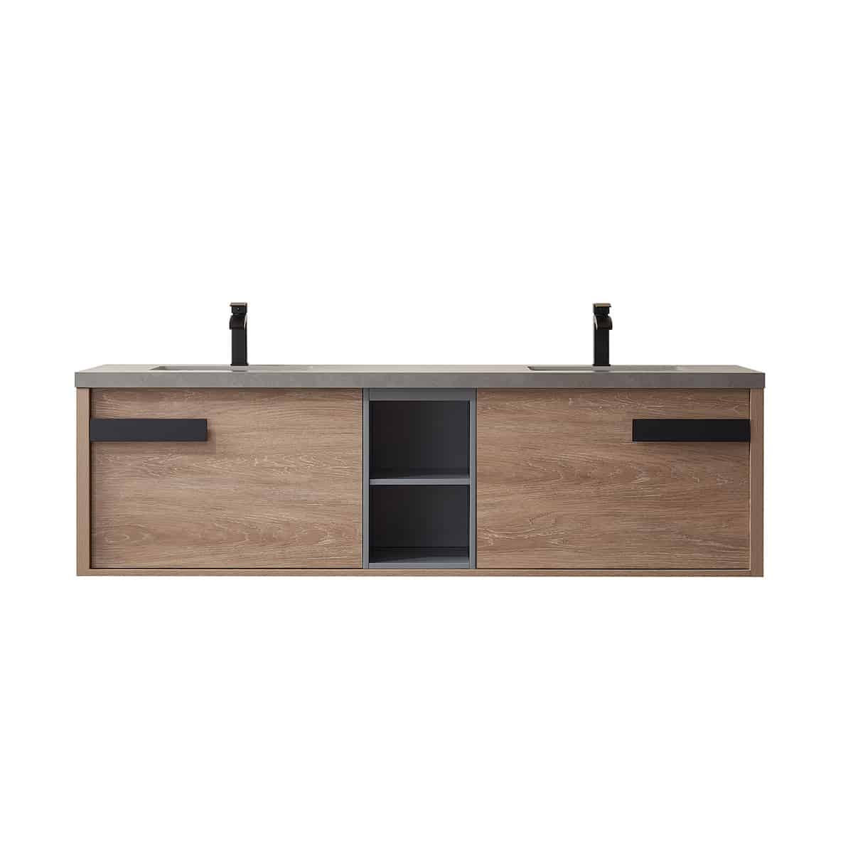 Vinnova Carcastillo 72 Inch Wall Mount Double Sink Bath Vanity in North American Oak with Grey Sintered Stone Top Without Mirror 703272-NO-WK-NM #mirror_without mirror