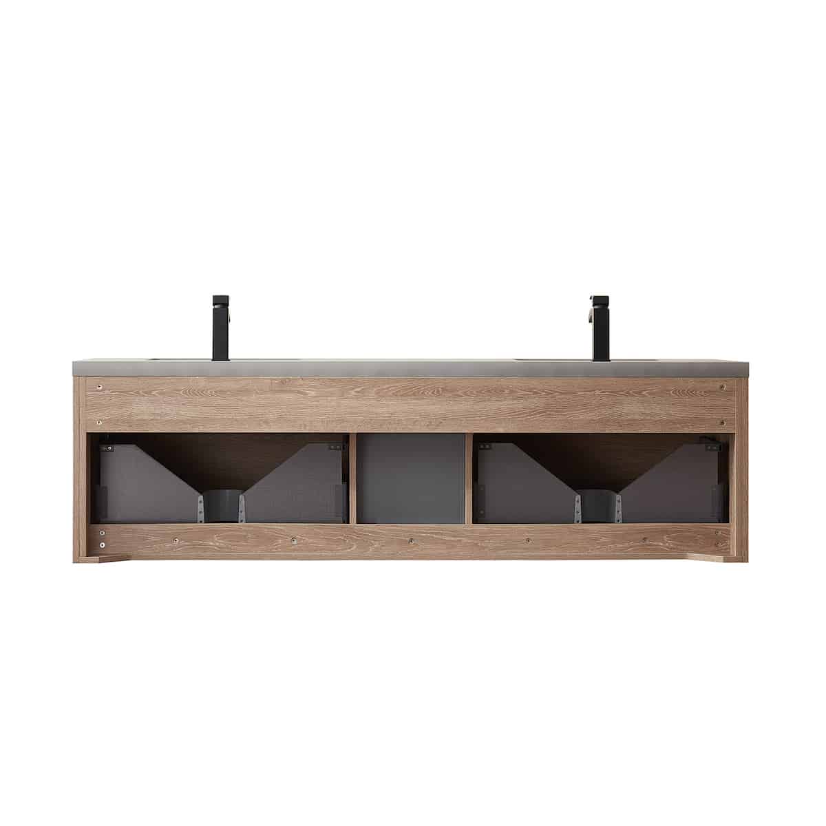 Vinnova Carcastillo 72 Inch Wall Mount Double Sink Bath Vanity in North American Oak with Grey Sintered Stone Top Without Mirror Back Plumbing 703272-NO-WK-NM #mirror_without mirror
