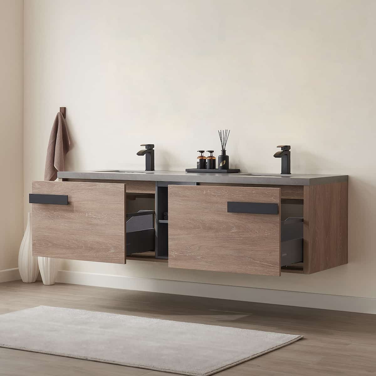 Vinnova Carcastillo 72 Inch Wall Mount Double Sink Bath Vanity in North American Oak with Grey Sintered Stone Top Without Mirror Drawers 703272-NO-WK-NM #mirror_without mirror