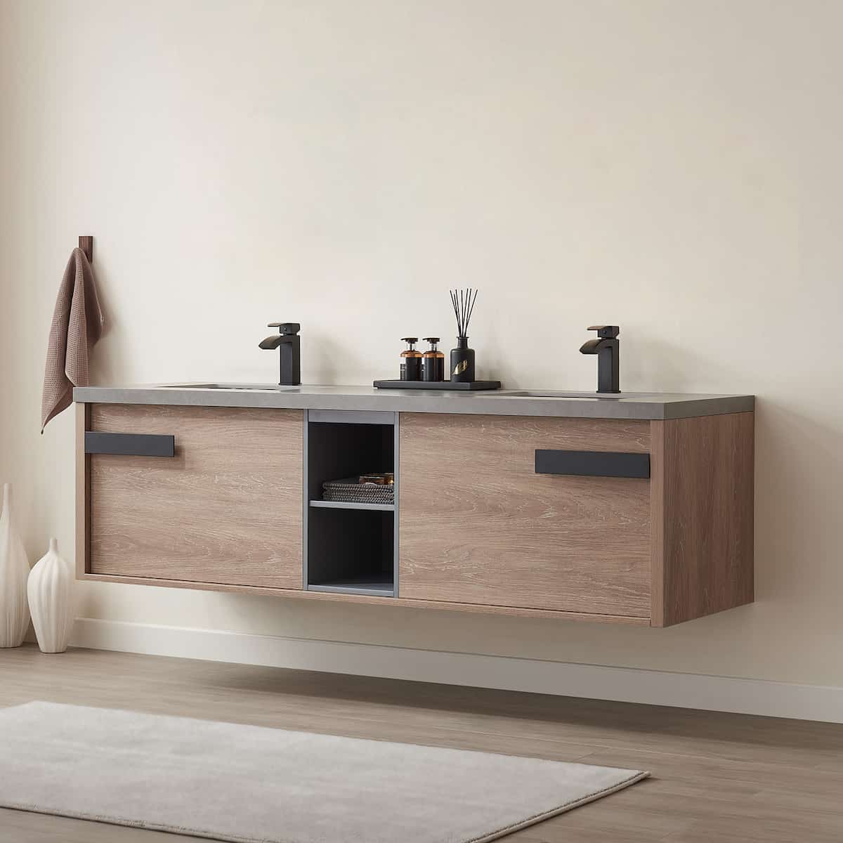 Vinnova Carcastillo 72 Inch Wall Mount Double Sink Bath Vanity in North American Oak with Grey Sintered Stone Top Without Mirror Side 703272-NO-WK-NM #mirror_without mirror