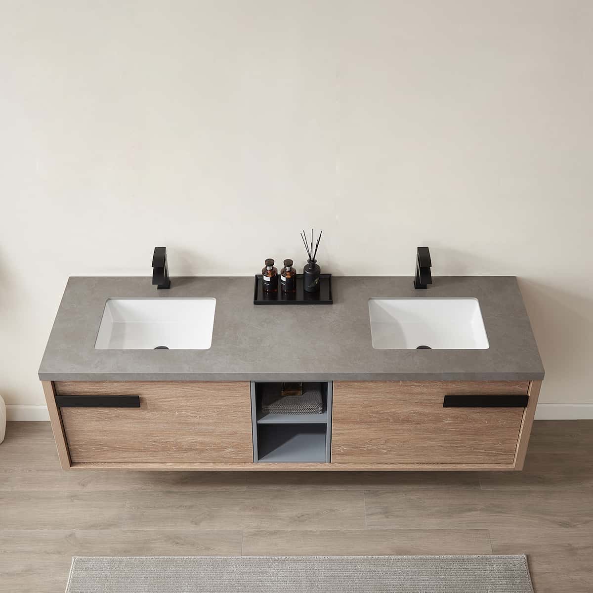 Vinnova Carcastillo 72 Inch Wall Mount Double Sink Bath Vanity in North American Oak with Grey Sintered Stone Top Without Mirror Sinks 703272-NO-WK-NM #mirror_without mirror