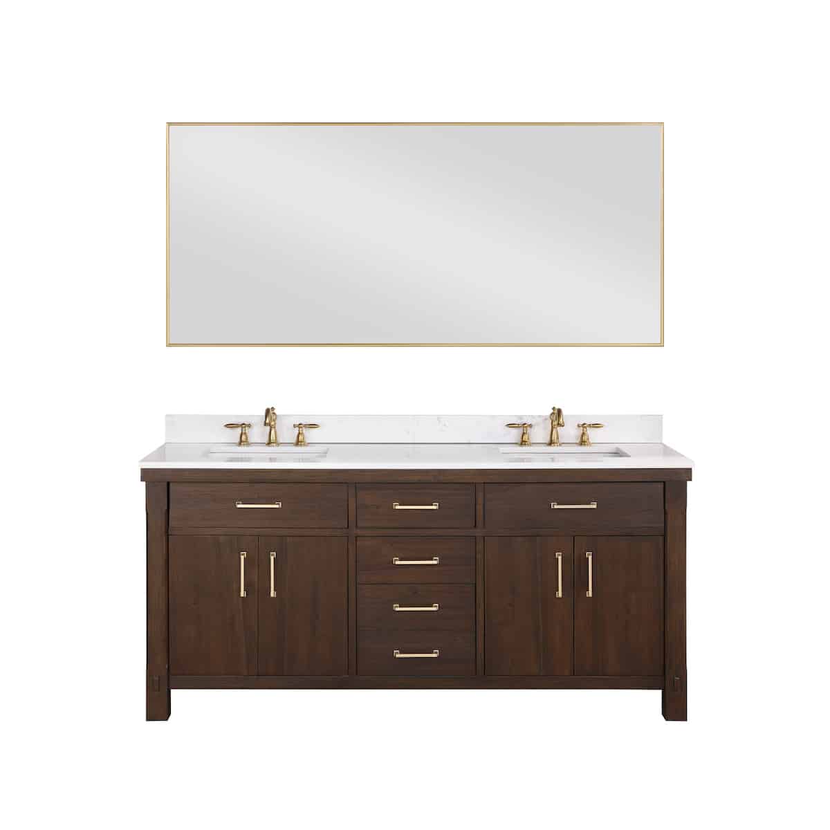 Vinnova Viella 72 Inch Freestanding Double Sink Bath Vanity in Deep Walnut Finish with White Composite Countertop With Mirror 701872-DW-WS