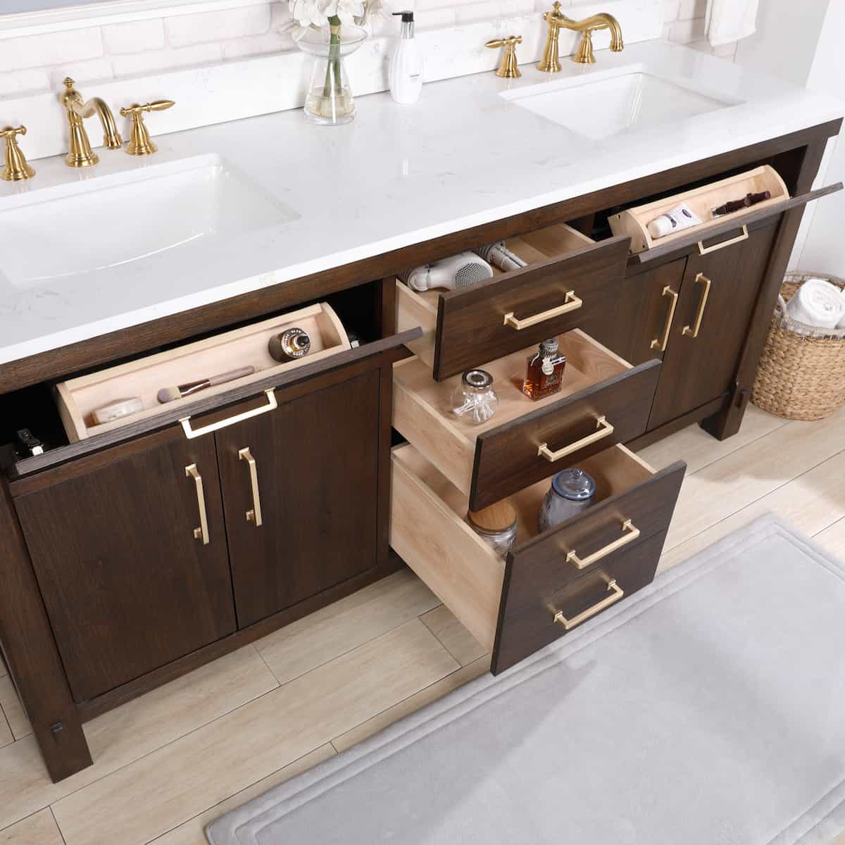 Vinnova Viella 72 Inch Freestanding Double Sink Bath Vanity in Deep Walnut Finish with White Composite Countertop With Mirror Drawers 701872-DW-WS