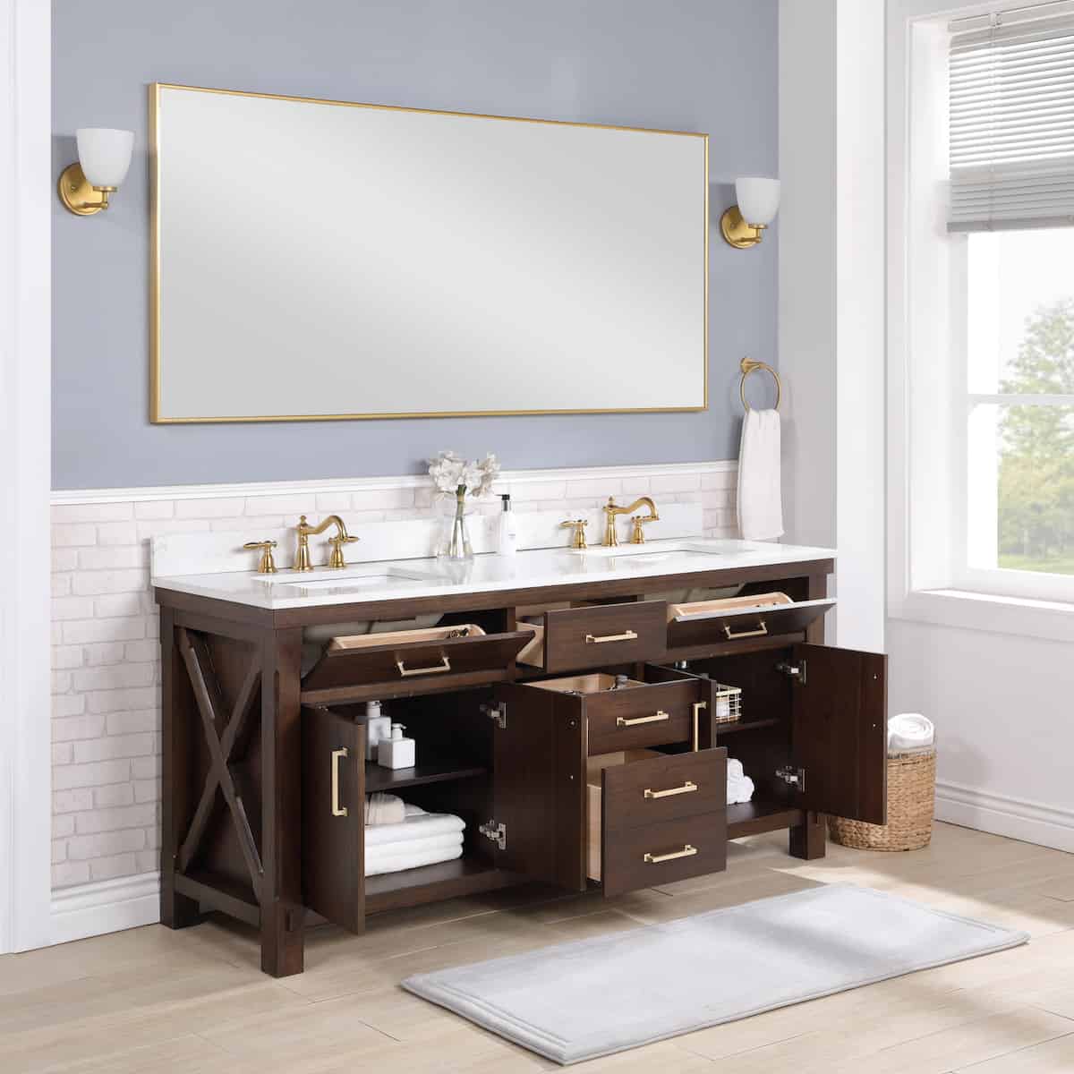 Vinnova Viella 72 Inch Freestanding Double Sink Bath Vanity in Deep Walnut Finish with White Composite Countertop With Mirror Inside 701872-DW-WS