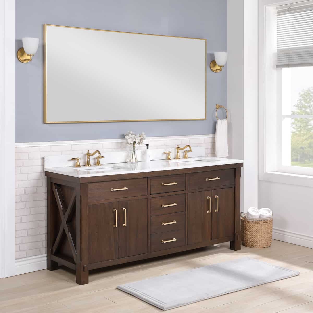 Vinnova Viella 72 Inch Freestanding Double Sink Bath Vanity in Deep Walnut Finish with White Composite Countertop With Mirror Side 701872-DW-WS