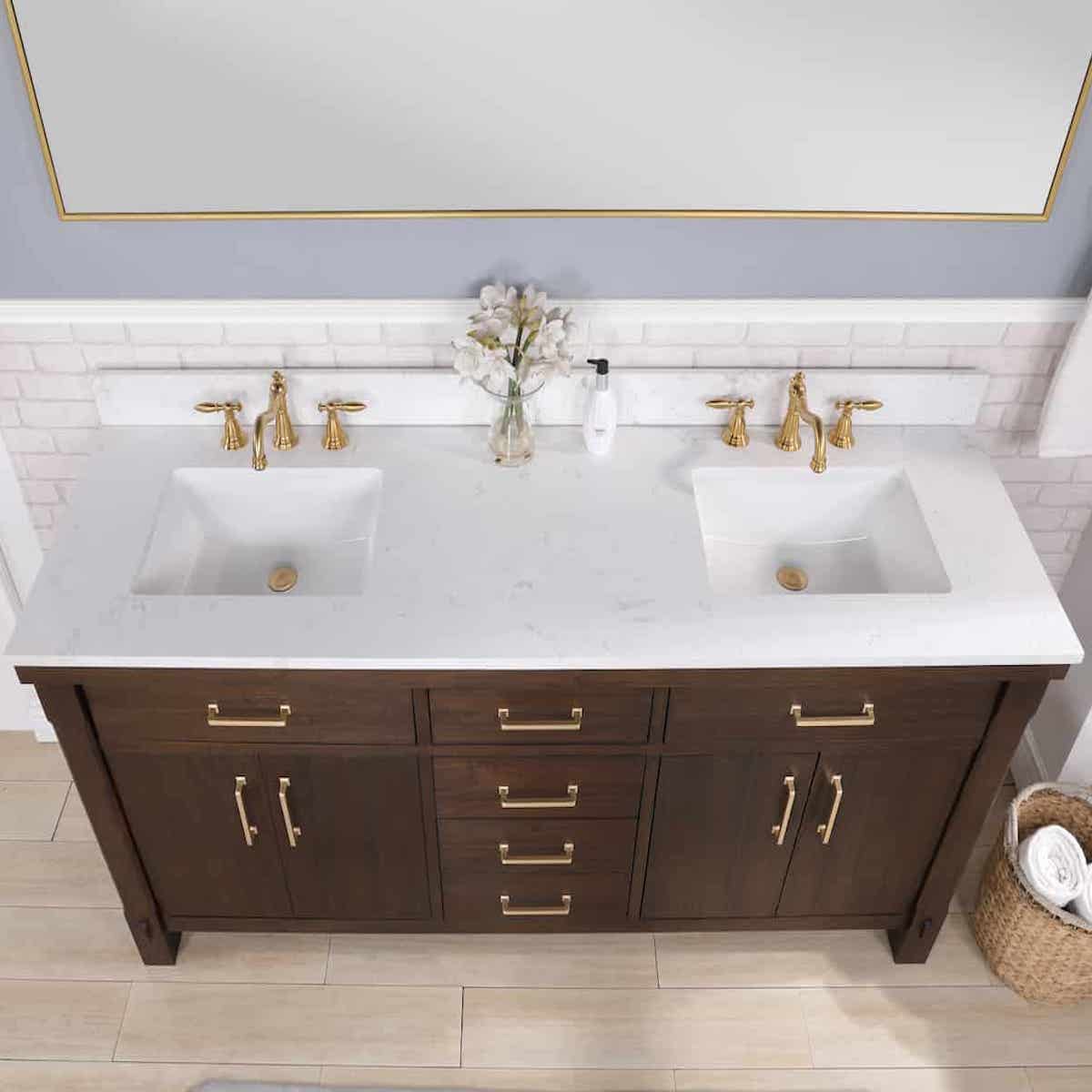 Vinnova Viella 72 Inch Freestanding Double Sink Bath Vanity in Deep Walnut Finish with White Composite Countertop With Mirror Sinks 701872-DW-WS
