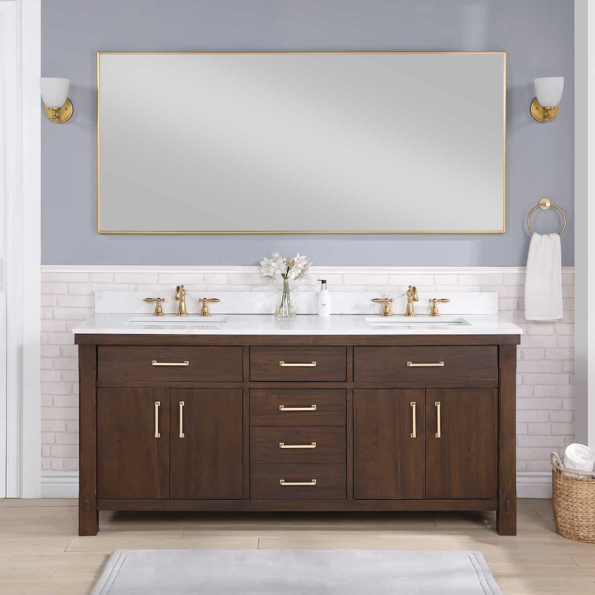 Vinnova Viella 72 Inch Freestanding Double Sink Bath Vanity in Deep Walnut Finish with White Composite Countertop With Mirror in Bathroom 701872-DW-WS