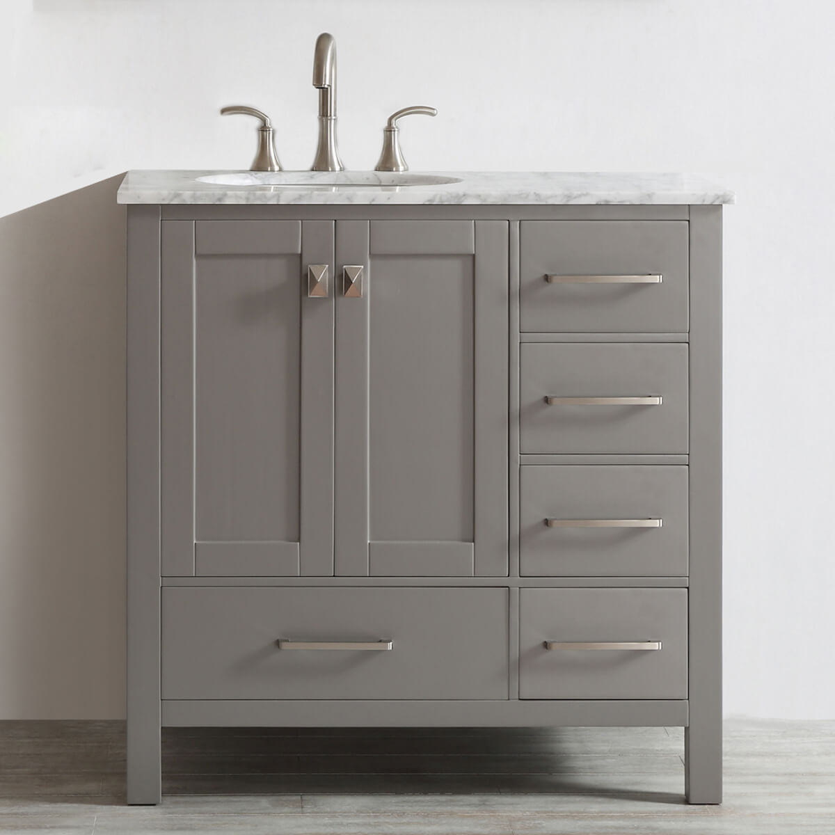Vinnova 36” Gela Grey Freestanding Single Vanity with Carrara White Marble Countertop Without Mirror in Bathroom 723036-GR-CA-NM